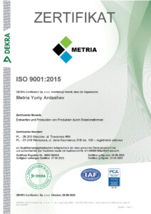 Certyfikat Metria ISO 9001